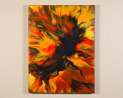 Dark Energy | Original Fluid Acrylic Pour Painting, Orange and Black Acrylic Fluid Art, Small Abstract Painting, Canvas Wall Art, 9x12 - image2